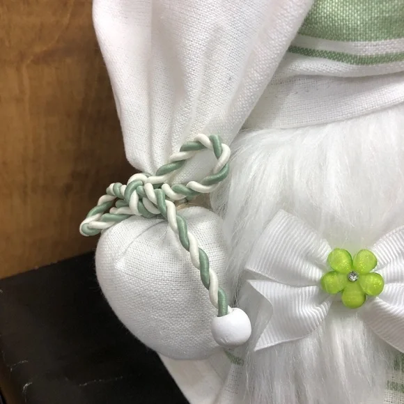 Sweet Green Gnome Linen Stripes Flowers Bows Geometric Beaded Legs Gift Spring - Picture 6 of 8